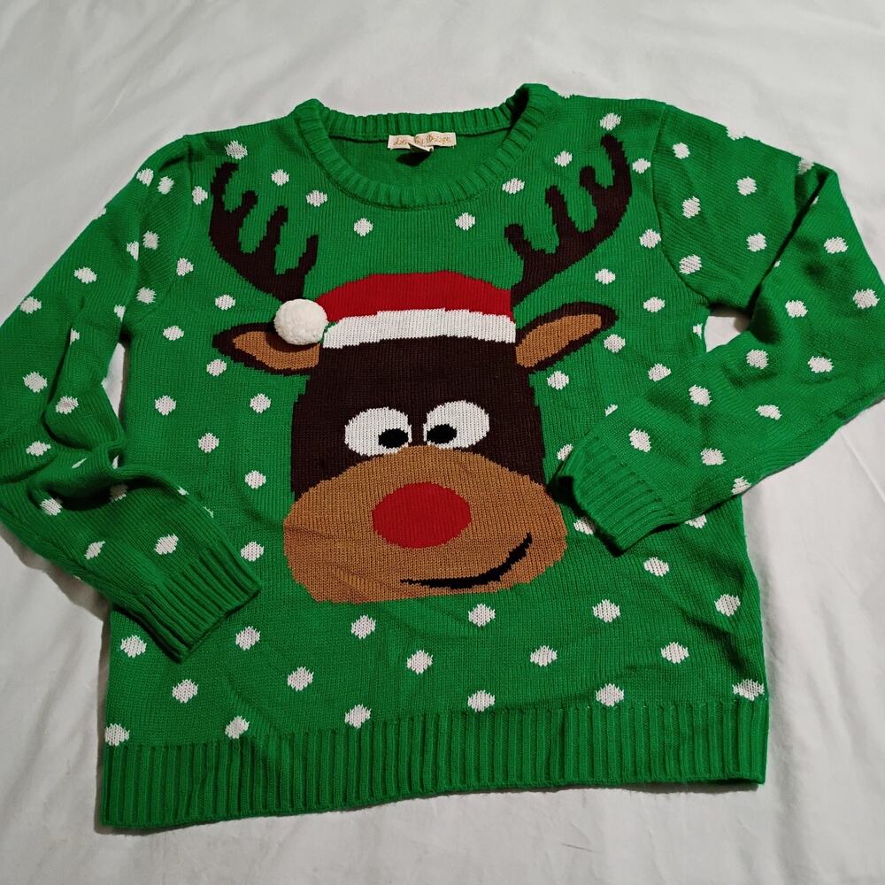 UGLY CHRISTMAS SWEATER Medium Women's Rudolf Green w/White Polka Dots PomPom